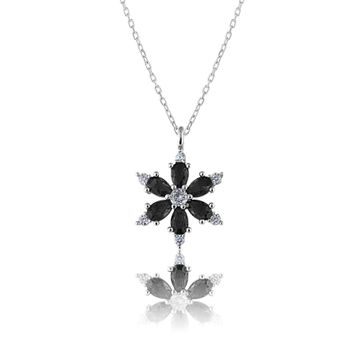 Zanaatsilver 925 Ayar Gümüş Zincirli Siyah Taşlı Rodyum Kaplama Lotus Kamelya Çiçeği Kolye