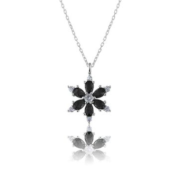 Zanaatsilver 925 Ayar Gümüş Zincirli Siyah Taşlı Rodyum Kaplama Lotus Kamelya Çiçeği Kolye