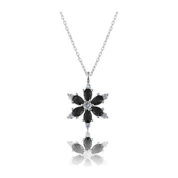 Zanaatsilver 925 Ayar Gümüş Zincirli Siyah Taşlı Rodyum Kaplama Lotus Kamelya Çiçeği Kolye