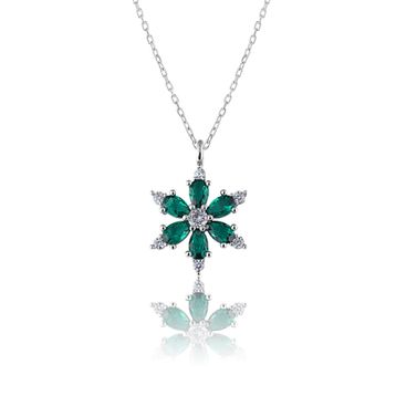 Zanaatsilver 925 Ayar Gümüş Zincirli Yeşil Taşlı Rodyum Kaplama Lotus Kamelya Çiçeği Kolye