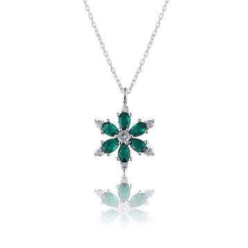 Zanaatsilver 925 Ayar Gümüş Zincirli Yeşil Taşlı Rodyum Kaplama Lotus Kamelya Çiçeği Kolye
