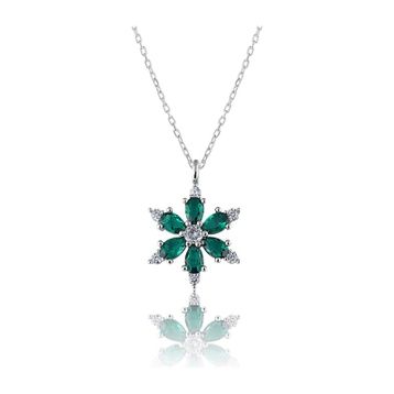 Zanaatsilver 925 Ayar Gümüş Zincirli Yeşil Taşlı Rodyum Kaplama Lotus Kamelya Çiçeği Kolye