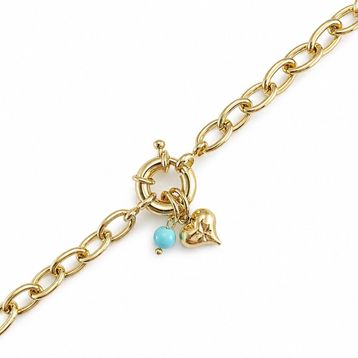 Zeino 14K Altın Kaplama - 17+3 cm Mavi Taşlı Kalp Detaylı Su Yolu Çelik Bileklik