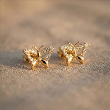 Zeino 14K Altın Kaplama - 9 mm Kelebek Taş Detaylı Çelik Küpe