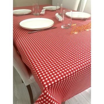 Zeren Home 150x300 cm Sıvı Geçirmez Dertsiz Mini Piti Kare Kırmızı Masa Örtüsü