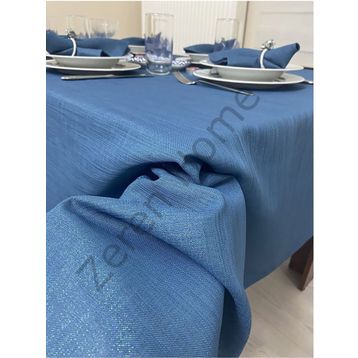 Zeren Home Keten Görünümlü Simli Dertsiz Indigo Mavi 150 x 260 cm Masa Örtüsü