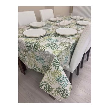 Zeren Home Sıvı Geçirmez Dertsiz Yeşil Mercan Desenli 150x260 cm Masa Örtüsü