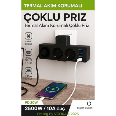 MO DOU Akıllı Priz Termal Korumalı 3 Prizli Çoklu Akım Prizi | 3 USB-A + 1 USB-C 2500W 10A PD 20W