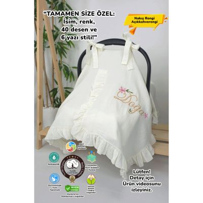 gros shop %100 Pamuk Nefes Alabilen Müslin Kumaş Püsküllü Puset Örtüsü (KİŞİYE ÖZGÜ ISİMLİ NAKIŞ DESENLİ)