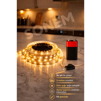 Viesteknoloji Ayna arkası tezgah alti pilli led ışık dekoratif 3mt gün ışığı pilli led ışık