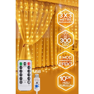 SULED Sl-1034- 300 Ledli 10 Saçaklı Sarı Led Kumandalı 8 Modlu Perde Led Peri Mutfak Işık Dekoratif Lamba