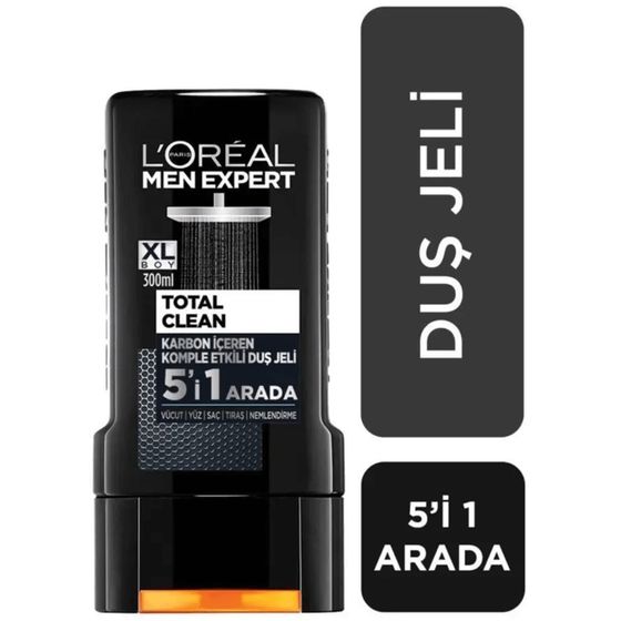 L'Oréal Paris Men Expert Total Clean Duschgel – 5-in-1 Mit Holzkohle – 2x 300 Ml, Für Körper, Gesicht, Haare & Rasur