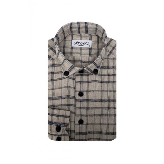 Süvari Slim Fit Desenli Flanel Uzun Bej Erkek Gömlek