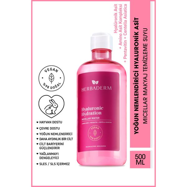 Herbaderm Hyaluronic Hydration Micellar 500 ml Makyaj Temizleme Suyu