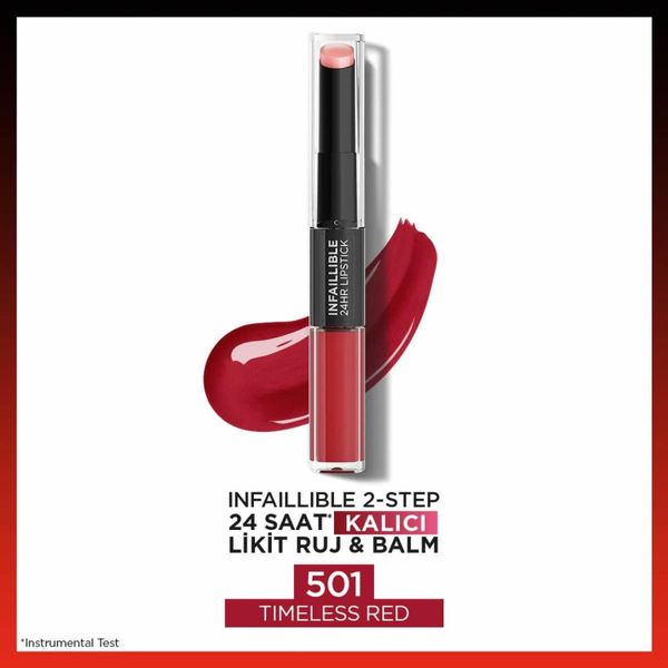 Loreal Paris Infaillible 2-Step 501 Timeless Red Kalıcı Likit Ruj ve Balm