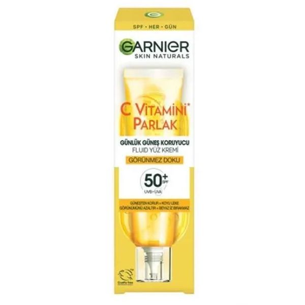 Garnier C Vitamini Parlak Fluid Yüz Kremi Işıltılı Doku SPF50 40 ML Günlük Güneş Koruyucu