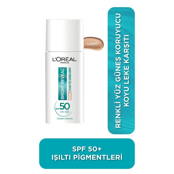 L'Oréal Paris Bright Reveal SPF50+ Koyu Leke Karşıtı Renkli Fluid Günlük 50 ml Light Yüz Güneş Kremi