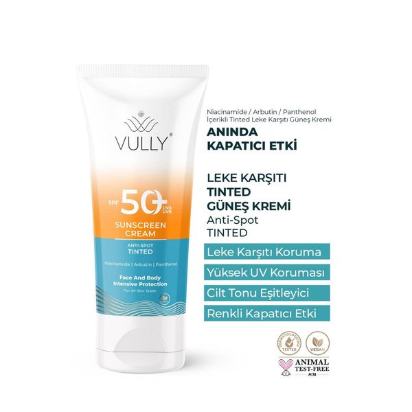 Vully 50 ml SPF+50 Leke Karşıtı Cilt Tonu Eşitleyici Renkli Kapatıcı Etkili Yüksek Koruyucu Güneş Kremi