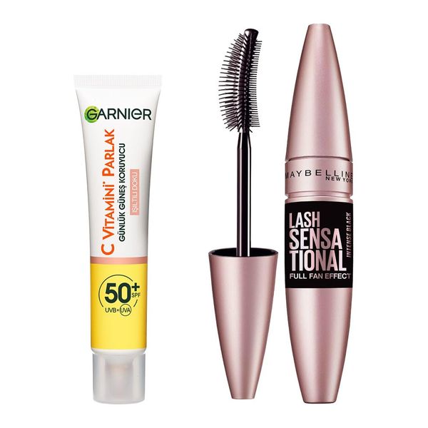 Garnier C Vitamini Parlak Günlük UV Korumalı SPF50 Işıltılı Doku 40 ml Yüz Güneş Kremi ve Maybelline New York Lash Sensational Yelpaze Etkili Intense Black Maskara