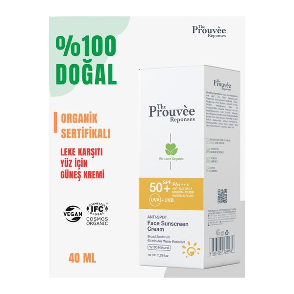 The Prouvee Reponses %100 Doğal SPF50+ Anti-Spot Leke Karşıtı Yüz İçin 40 ml Organik Güneş Koruyucu Krem