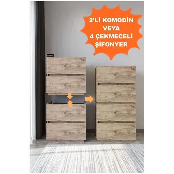 Aeka AE-2034 Galata 4 Çekmeceli Patentli Çam Renkli Yatak Odası Bebek Odası Komodin Şifonyer
