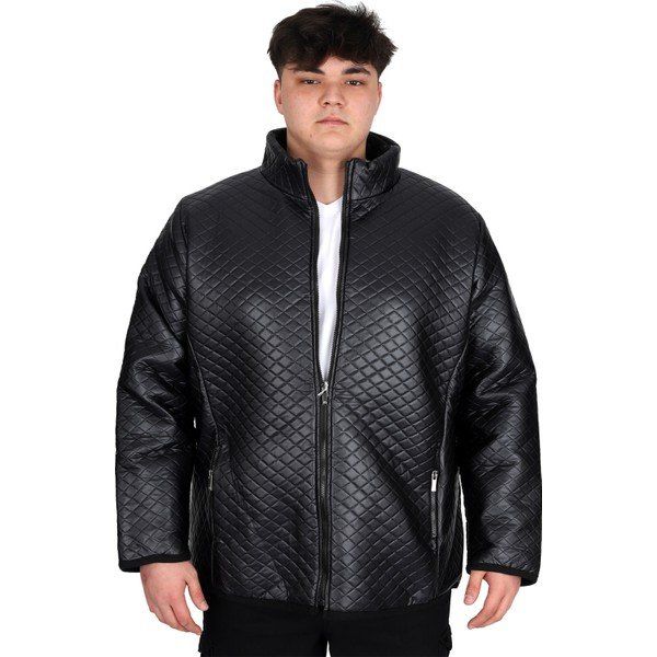 Mode XL U24614 Siyah Deri Dik Yaka Kapitone Erkek Mont