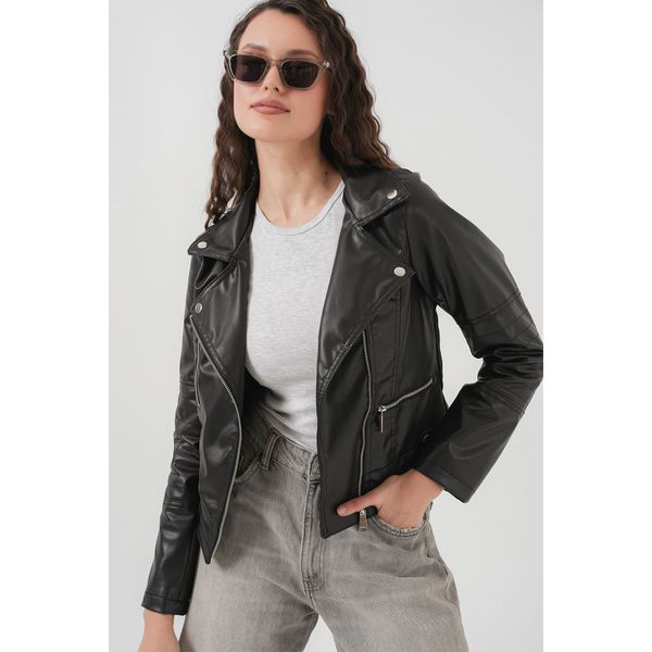 Bigdart 1025 Bej Suni Deri Biker Kadın Ceket