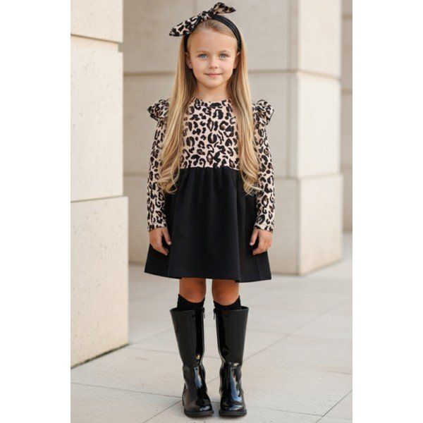 Parla Kids ELB-0059 Leopar Desenli Uzun Kollu Fırfırlı Kız Çocuk Elbise Bandana Takım