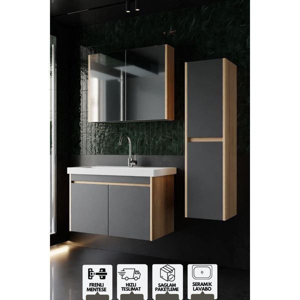 Karen Banyo 80 cm Dallas Aynalı Somono Meşe Antrasit Takım Banyo Dolabı