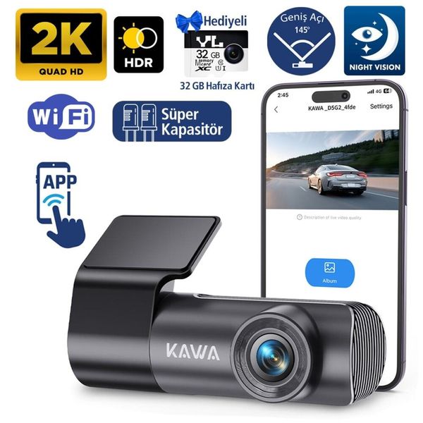 Kawa D5 32 GB GeN2 2K 1296P WiFi 145 Derece Geniş Açı Lens Gece Görüşlü Hafıza Kartlı Akıllı Araç Kamerası
