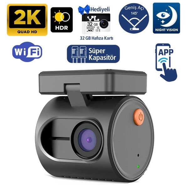 Kawa Mini 3 32 GB GeN2 2K 1296P WiFi 145 Derece Geniş Açı Gece Görüşlü Hafıza Kartlı Akıllı Araç Kamerası