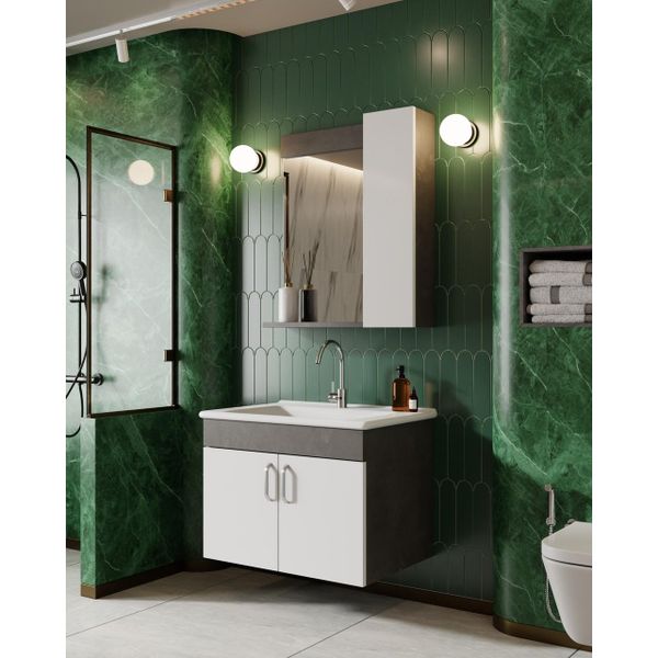 Karen Retro Gümüş Beyaz 65 cm Lavabolu Banyo Dolabı Seti
