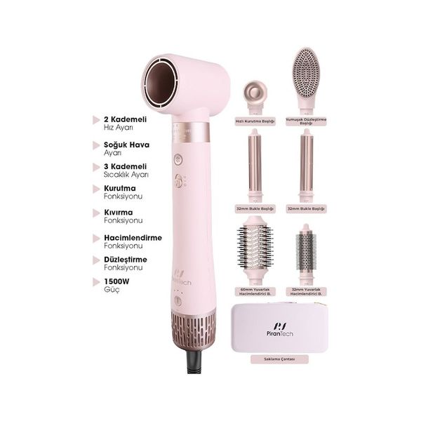 PiranTech KS-611 Airbreeze Pembe Saç Şekillendirme ve Kurutma Seti