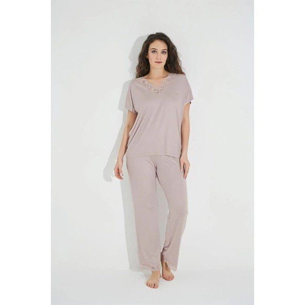 Monamise 18486 Vizon Dantelli Kısa Kollu V Yakalı Kadın Pijama Takımı