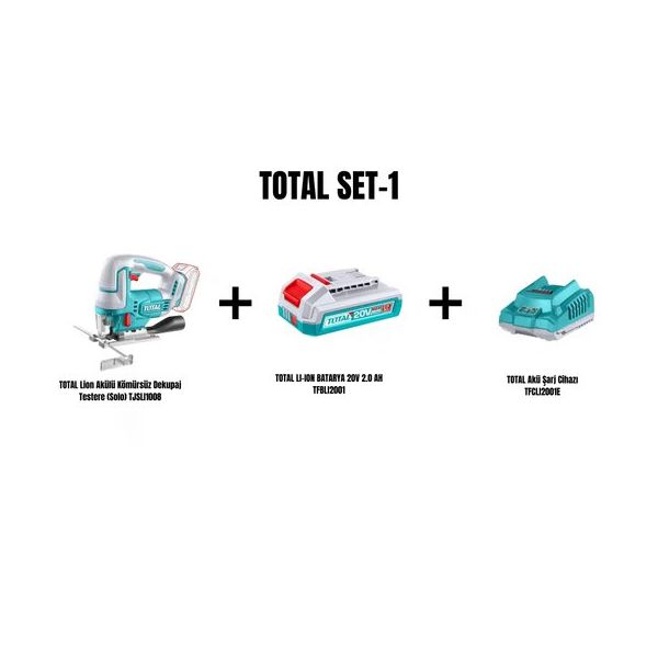 Total Li-on Akülü Kömürsüz Dekupaj Testere TJSLI1008 + Lı-Ion Batarya 20V 2 Ah TFBLI2001 + Akü Şarj Cihazı TFCLI2001E Total Set-1