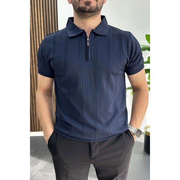 Edwox Lacivert EDW457 Erkek Desenli Polo Yaka Tişört
