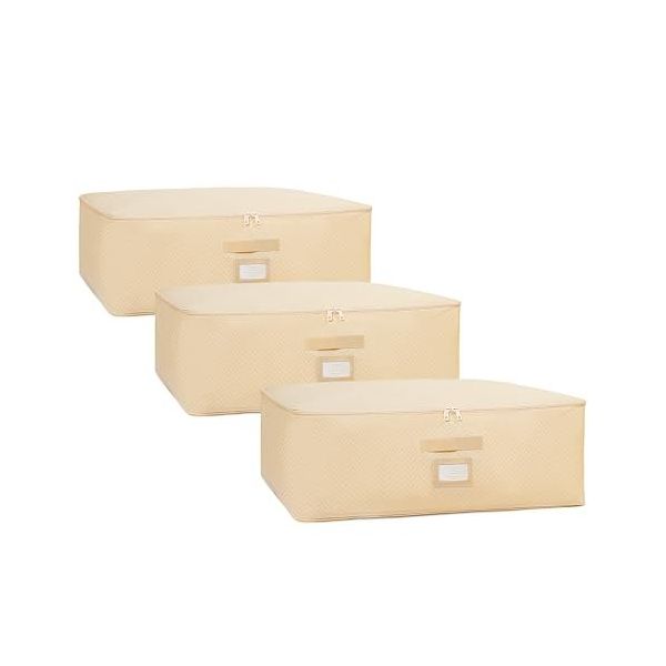 Ocean Home Textile 62x46x22 cm 3'lü Büyük Boy Bej Balıksırtı Baza Altı Hurç Set