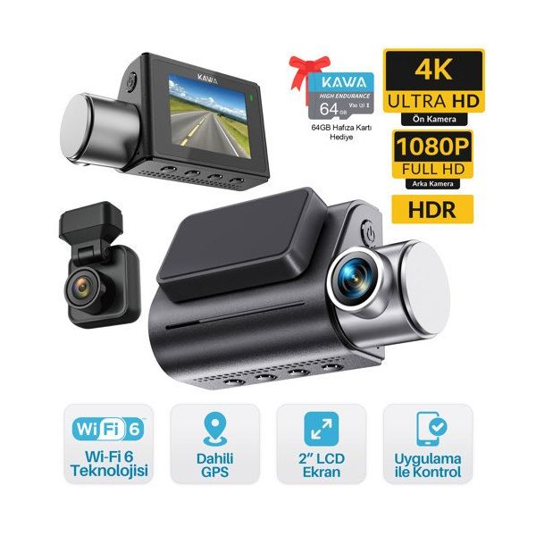 Kawa D7 4K 1080P HDR Wi-Fi 6 GPS'li 2 Kameralı Ön ve Arka Araç Kamerası ve 64 GB Hafıza Kartı