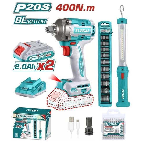 Total TOSLI23048E Darbeli Somun Sıkma Makinesi 400 Nm + Askılı Çalışma Işığı Seti