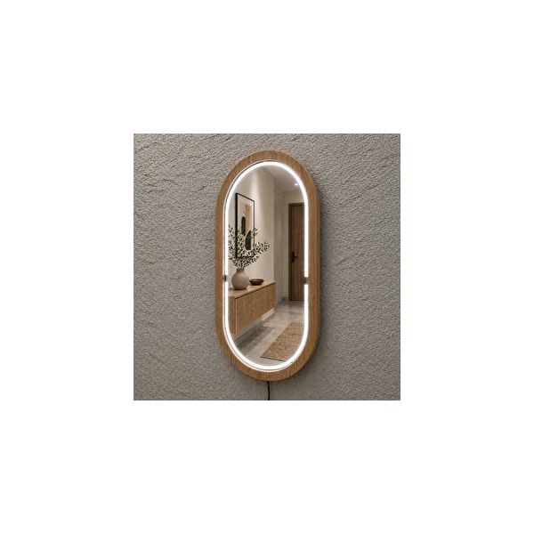 Aypars Atölye 68x119 cm Beyaz Kayın Ahşap Çerçeveli Led’li Oval 6500k Dimmer Işıklı Dekoratif Banyo Aynası