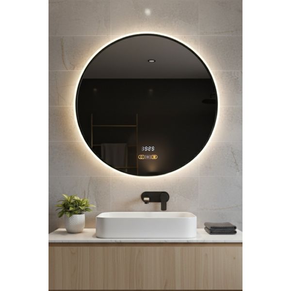 Avend Akıllı Ayna Hareket Sensörlü 70 cm Buhar Tutmayan Antifog 3 Renk Ledli Işıklı Dokunmatik 3 Butonlu HD Yansımalı Dimmerlı Siyah Çerçeveli Lüks Banyo Aynası