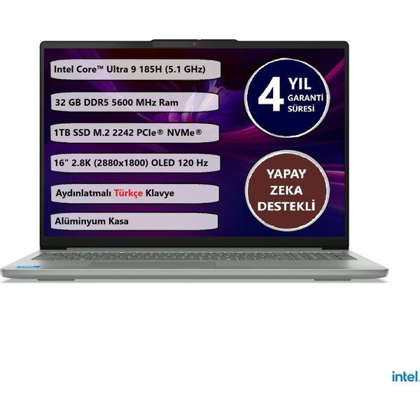 Lenovo Ideapad Slim 5 16IMH10 83V70057TR Ultra 9 185H 32GB RAM 1TB SSD FreeDOS 16 inç Laptop