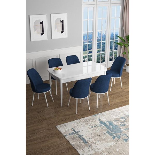 Canisa Concept Han Serisi 70x114 cm Açılabilir MDF Beyaz Mutfak Masası ve 6 Adet Lacivert Sandalye