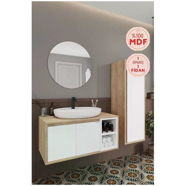 Balneom Gül 100 cm Beyaz Aynalı Lavabo Banyo Dolabı