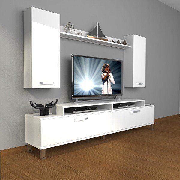 Decoraktiv Ekoflex 7 Slm Krom Ayaklı Parlak Beyaz Tv Sehpa Ünitesi