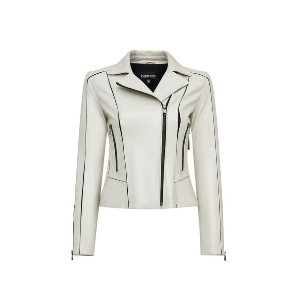 Derimod 24WGD5859U4 Kiara Kadın Bej Slim-Fit Biker Deri Ceket