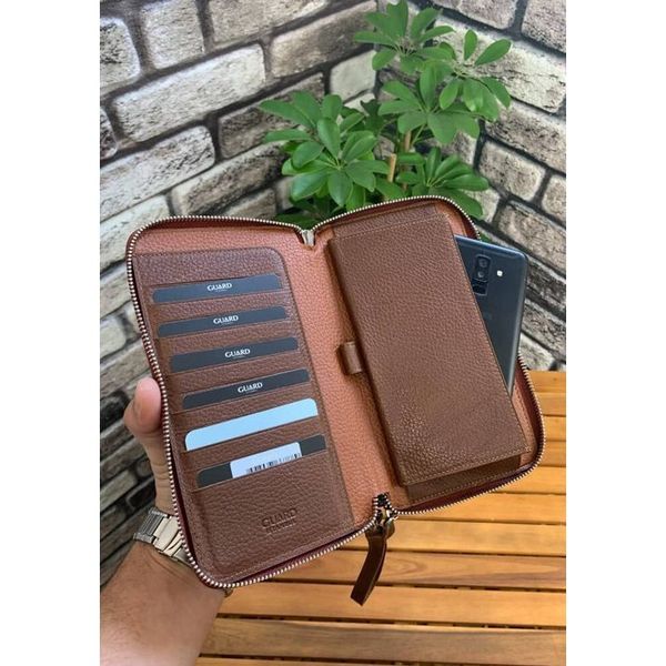 Guard P3031 Çift Fermuarlı Taba Hakiki Deri El Çantası