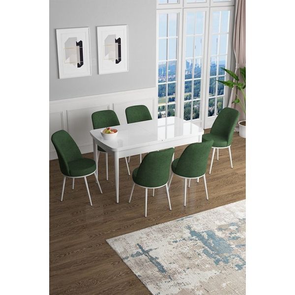 Canisa Concept Han Serisi 70x114 cm Açılabilir MDF Beyaz Mutfak Masası ve 6 Adet Haki Yeşili Sandalye