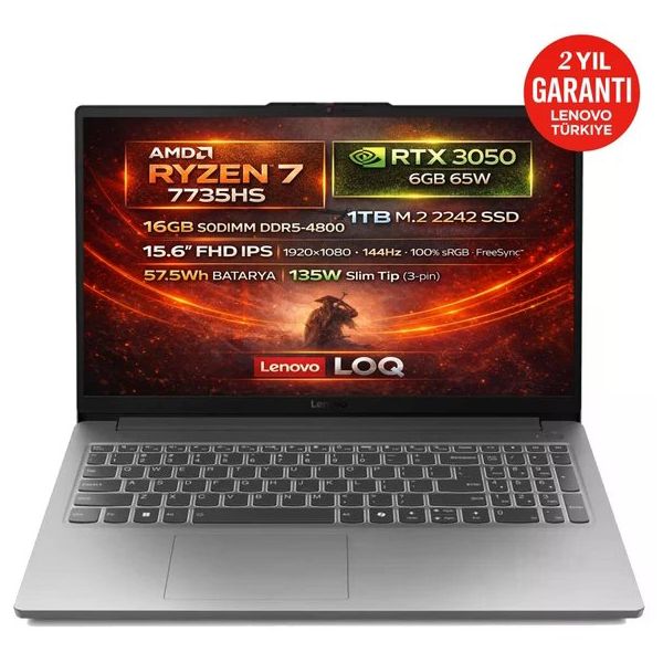 Lenovo LOQ 15ARP10E 83S00032TR Ryzen 7 7735HS 16GB RAM 1TB SSD 6GB RTX 3050 FreeDOS 15.6 inç Oyun Bilgisayarı
