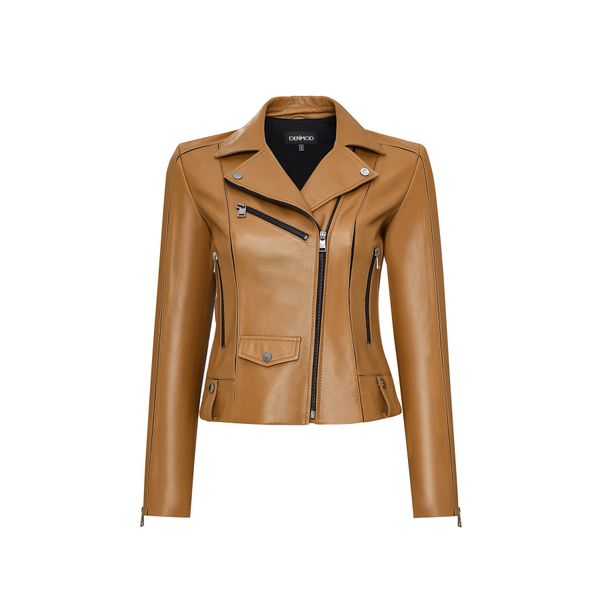 Derimod 25SGD5106U4 Bella Kadın Camel Biker Kısa Deri Ceket